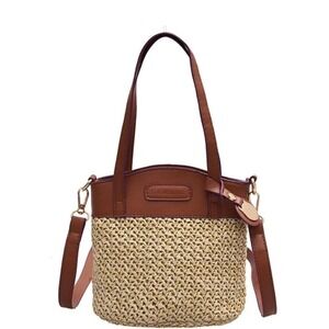 Woven Straw Bucket Bag Brown Faux Leather Trim Crossbody Shoulder Bag